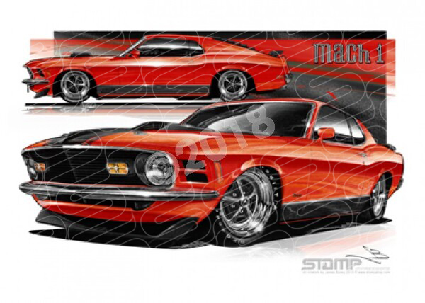 Ford Mustang 1970 FORD MACH 1 FASTBACK MUSTANG RED A3 FRAMED PRINT (FT027)
