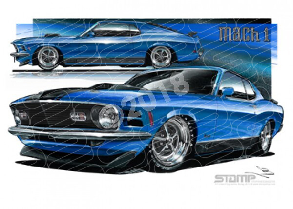 Ford Mustang 1970 FORD MACH 1 FASTBACK MUSTANG BLUE A3 FRAMED PRINT (FT028)