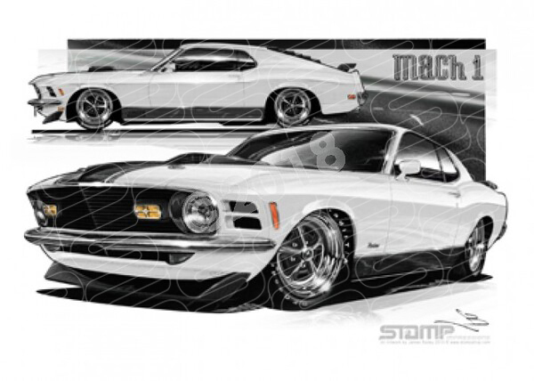 Ford Mustang 1970 FORD MACH 1 FASTBACK MUSTANG WHITE A3 FRAMED PRINT (FT029)