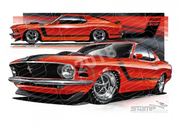 Ford Mustang 1970 FORD BOSS 302 FASTBACK MUSTANG RED A3 FRAMED PRINT (FT030)