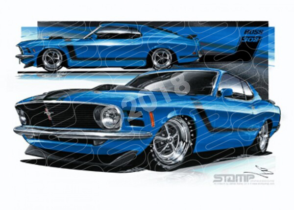 Ford Mustang 1970 FORD BOSS 302 FASTBACK MUSTANG BLUE A3 FRAMED PRINT (FT033)
