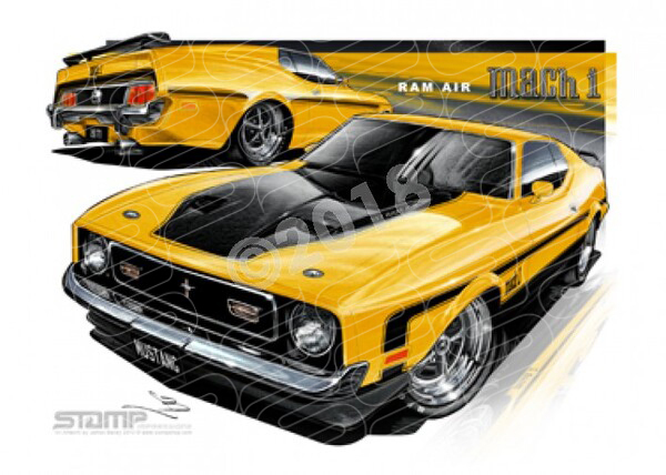 Ford Mustang 1971 FORD MACH 1 RAM AIR MUSTANG FASTBACK YELLOW A3 FRAMED PRINT (FT036)