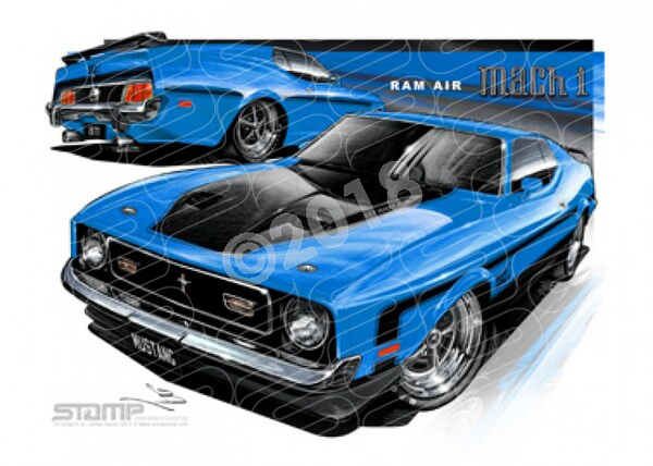 Ford Mustang 1971 FORD MACH 1 RAM AIR MUSTANG FASTBACK BLUE A3 FRAMED PRINT (FT037)