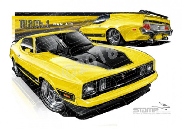 Ford Mustang 1973 FORD MACH 1 MUSTANG FASTBACK YELLOW A3 FRAMED PRINT (FT039)