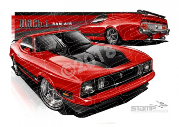 Ford Mustang 1973 FORD MACH 1 MUSTANG FASTBACK RED A3 FRAMED PRINT (FT041)
