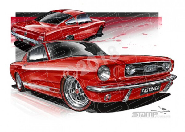 Ford Mustang 1966 1966 FORD MUSTANG FASTBACK RED A3 FRAMED PRINT (FT044)