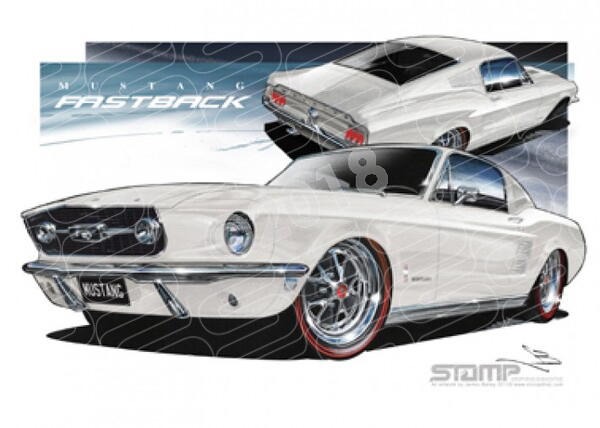 Ford Mustang 1967 1967 FORD MUSTANG FASTBACK WIMBELDON WHITE A3 FRAMED PRINT (FT050)