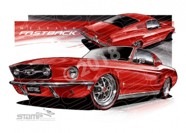 Ford Mustang 1967 1967 FORD MUSTANG FASTBACK RED A3 FRAMED PRINT (FT051)
