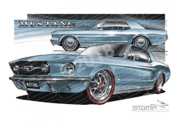 Ford Mustang 1967 1967 FORD MUSTANG PONY BLUE A3 FRAMED PRINT (FT054)