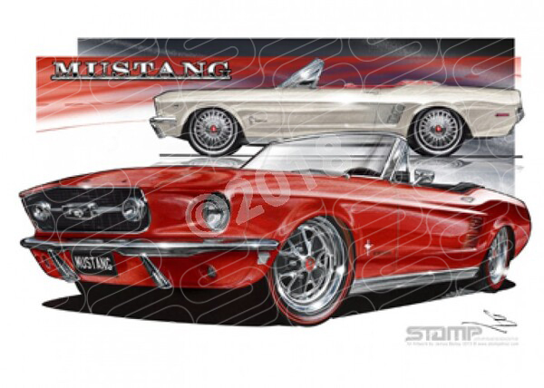 Ford Mustang 1967 CONVERTIBLE RED / WHITE A3 FRAMED PRINT (FT055)