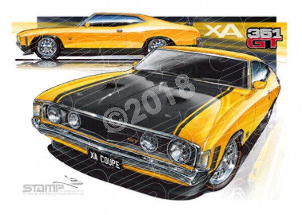 FORD XA GT FALCON HARDTOP COUPE YELLOW FIRE A3 FRAMED PRINT (FT099)