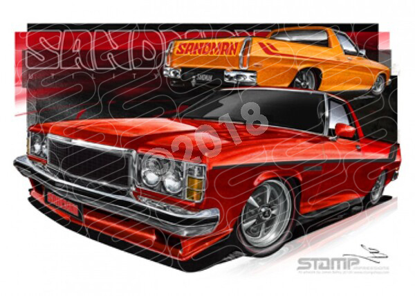 HOLDEN HJ SANDMAN UTE RED / YELLOW A3 FRAMED PRINT (HC167)