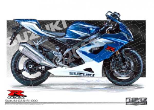Bikes SUZUKI GSX R1000 BLUE/WHITE A3 FRAMED PRINT (T009)