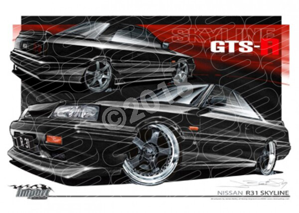 Imports Nissan R31 SKYLINE GTS BLACK A1 FRAMED PRINT (S045)