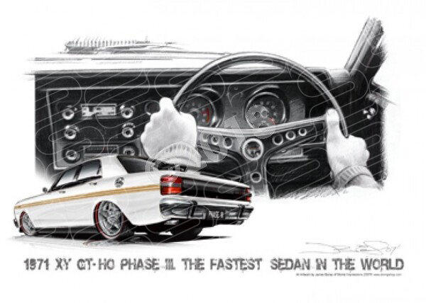 FORD XY GT FALCON DASH ULTRA WHITE GOLD STRIPES A1 FRAMED PRINT (FS005)