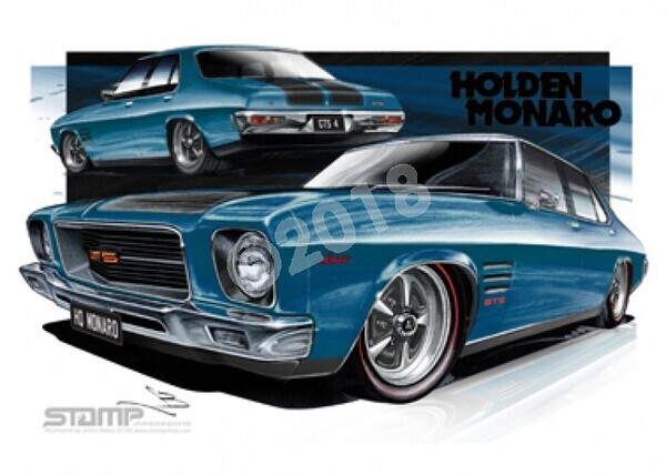 HOLDEN MONARO HQ GTS4 CYAN METALLIC BLACK STRIPES A1 FRAMED PRINT (HC252B)