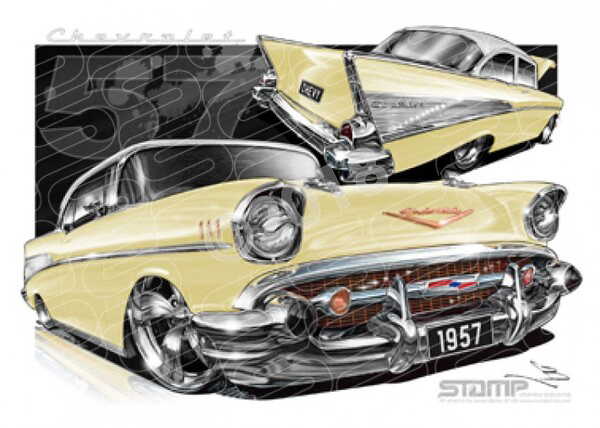 Classic 57 CHEVY COLONIAL CREAM/IVORY ROOF A1 FRAMED PRINT (C004L)