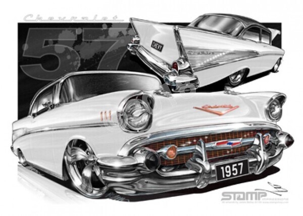 Classic 57 CHEVY IVORY/ONYX ROOF A1 FRAMED PRINT (C004Y)
