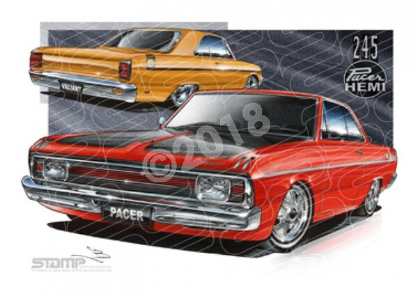Classic VALIANT VG PACER RED/MUSTARD TWO DOOR A1 FRAMED PRINT (C011)