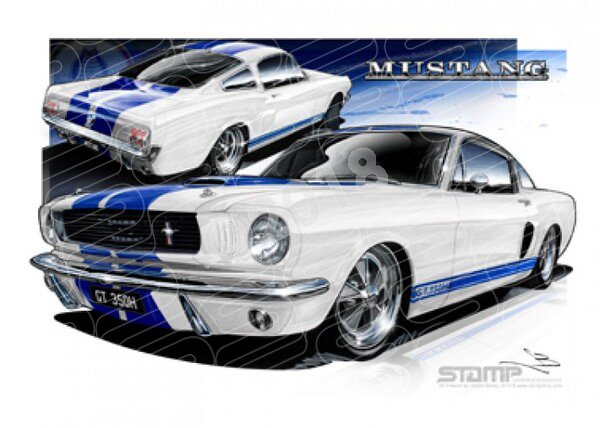 Mustang 1966 FORD SHELBY FASTBACK WHITE/BLUE A1 FRAMED PRINT (FT001)
