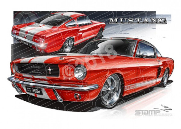 Mustang 1966 FORD SHELBY FASTBACK RED/WHITE A1 FRAMED PRINT (FT003)