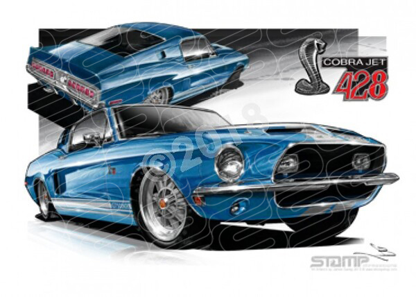 Mustang 1968 FORD SHELBY GT 500KR FASTBACK ALCAPULCO BLUE A1 FRAMED PRINT (FT008)