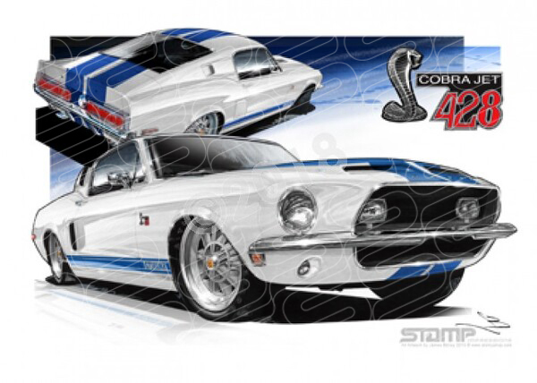 Mustang 1968 FORD SHELBY GT 500KR FASTBACK WHITE/BLUE A1 FRAMED PRINT (FT010)