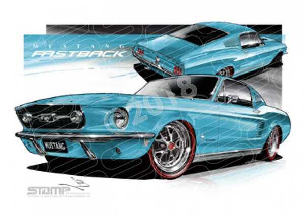 Mustang 1967 1967 FORD MUSTANG FASTBACK CLEAR WATER AQUA A1 FRAMED PRINT (FT049)