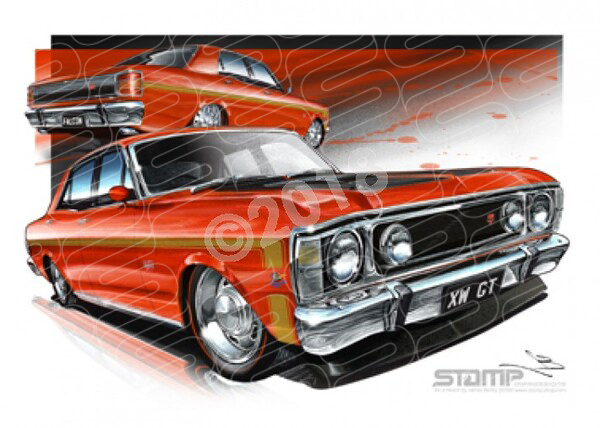 FORD XW GT FALCON BRAMBLES RED GOLD STRIPES A1 FRAMED PRINT (FT068)