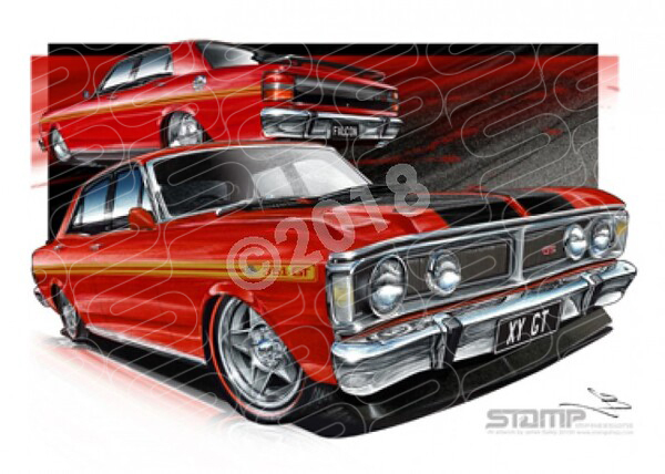 FORD XY GT FALCON TRACK RED GOLD STRIPES A1 FRAMED PRINT (FT076)