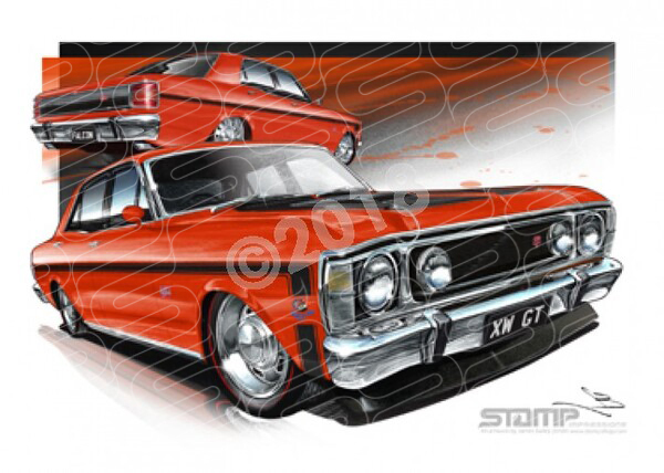 FORD XW GT FALCON BRAMBLES RED BLACK STRIPES A2 FRAMED PRINT (FT068A)
