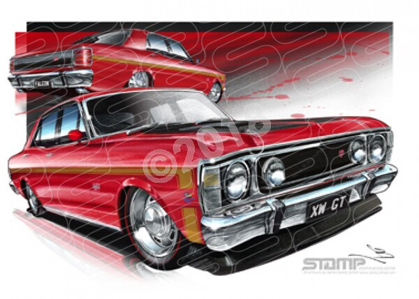 FORD XW GT FALCON CANDY APPLE RED GOLD STRIPE A2 FRAMED PRINT (FT072C)