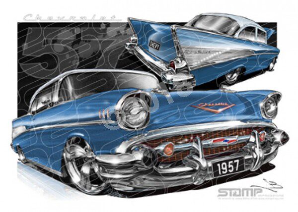 Classic 57 CHEVY HARBOR BLUE/LAKESIDE ROOF A2 FRAMED PRINT (C004X)