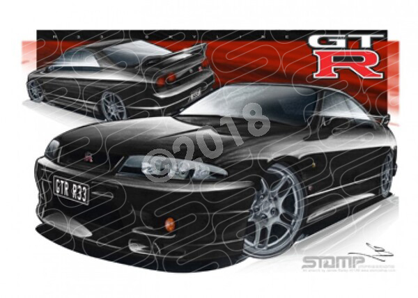 Imports Nissan R33 SKYLINE GTR BLACK A2 FRAMED PRINT (S078)