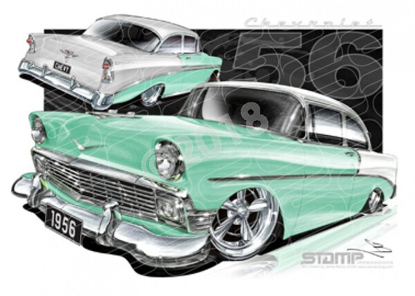 Classic 56 CHEVY IVORY/PINECREST A2 FRAMED PRINT (C003A)