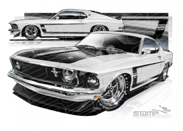 Mustang 1969 FORD BOSS MUSTANG FASTBACK WHITE A2 FRAMED PRINT (FT021)