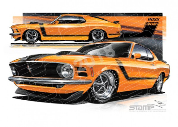 Mustang 1970 FORD BOSS 302 FASTBACK MUSTANG ORANGE A2 FRAMED PRINT (FT031)