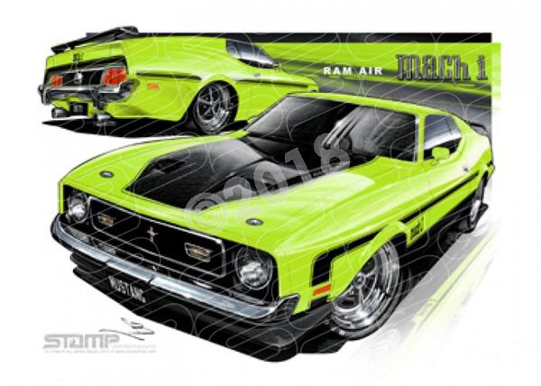 Mustang 1971 FORD MACH 1 RAM AIR MUSTANG FASTBACK LIME A2 FRAMED PRINT (FT034)