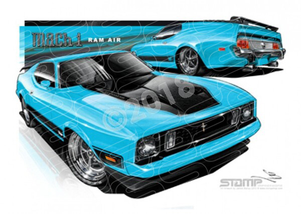 Mustang 1973 FORD MACH 1 MUSTANG FASTBACK BLUE A2 FRAMED PRINT (FT040)
