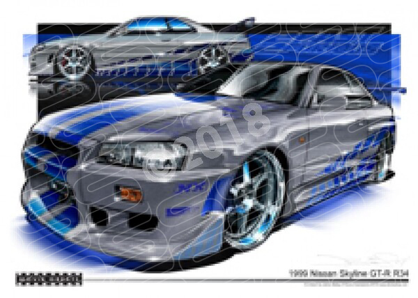 SKYLINE GT-R R34 FAST AND FURIOUS A2 FRAMED PRINT (M007)