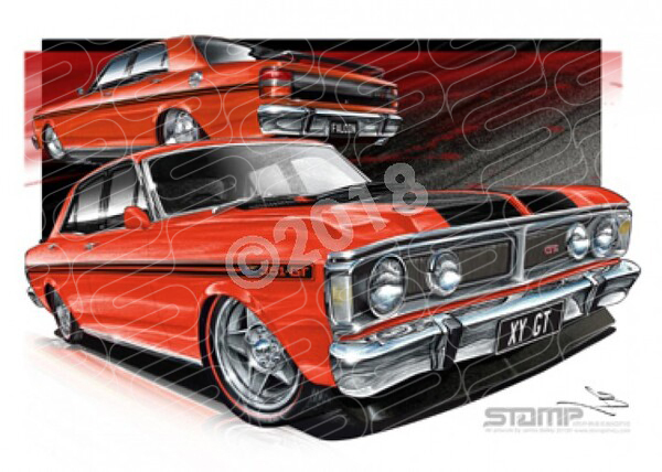 FORD XY GT FALCON VERMILLION FIRE BLACK STRIPES A1 STRETCHED CANVAS (FT081A)