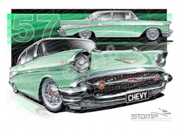 Classic 57CHEV 4DR SURF GREEN A1 STRETCHED CANVAS (C034)