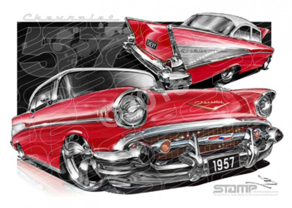 1957 CHEVY MATADOR RED/WHITE ROOF A1 STRETCHED CANVAS STOMP CAR WALL ART