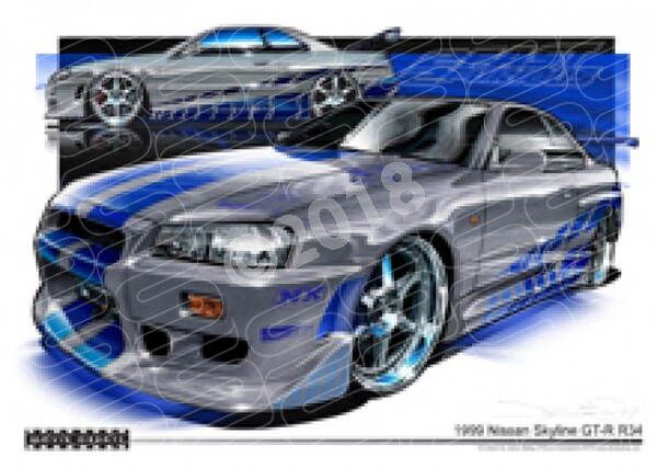 SKYLINE GT-R R34 FAST AND FURIOUS A1 STRETCHED CANVAS (M007)