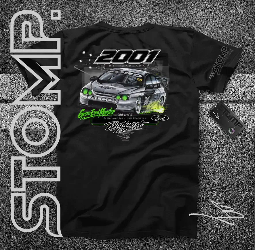 2001 Bathurst Legend | Green Eyed Monster Ford Falcon AU | Lowndes / Crompton T-Shirt & Hoodie