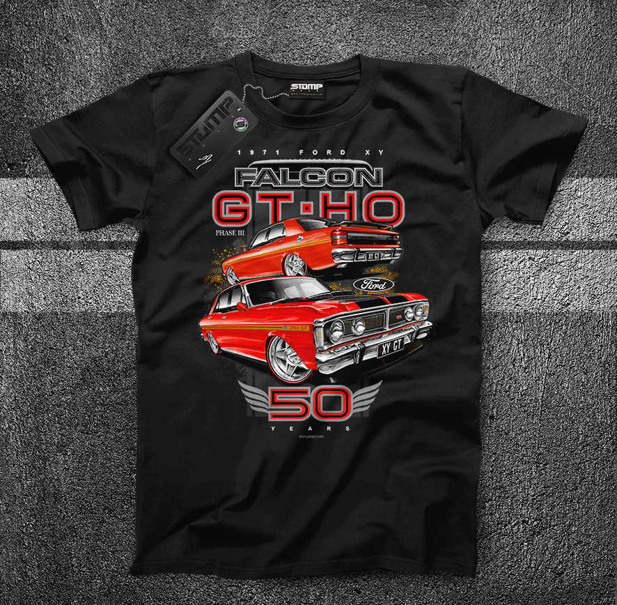 FORD XY GTHO PHASE III FALCON (1971) Mens T-Shirt [Size: S] Personalised:No [VERMILLION FIRE GOLD STRIPE]