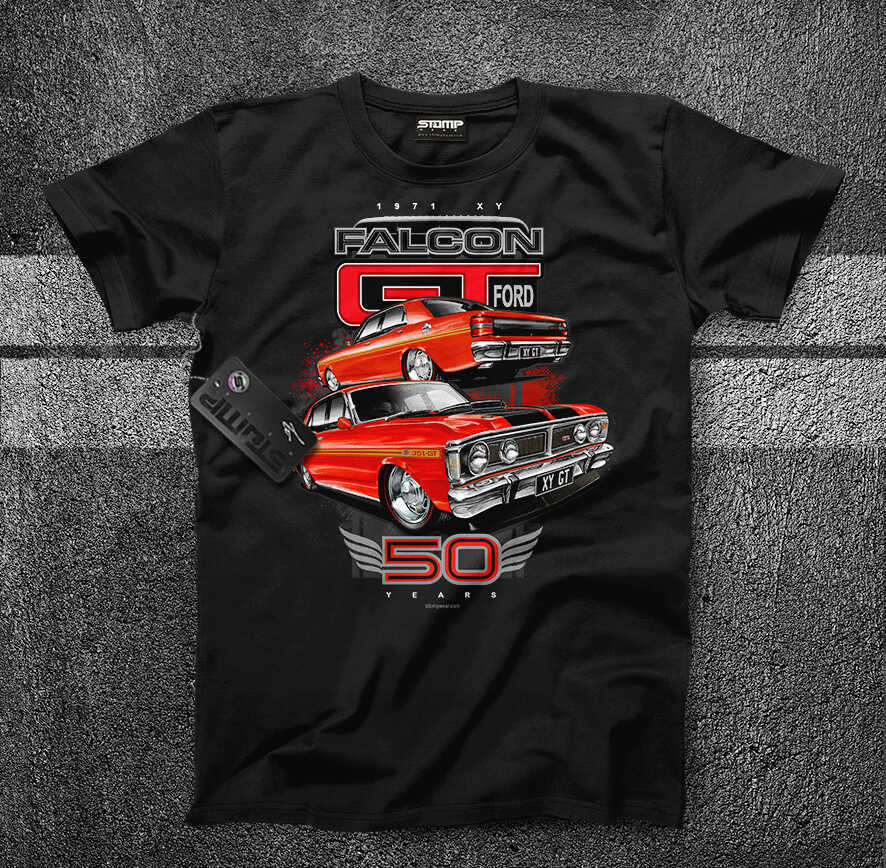 FORD XY GT FALCON (1970 - 1972) Mens T-Shirt [Size: S] Personalised:No [VERMILLION FIRE GOLD STRIPE]