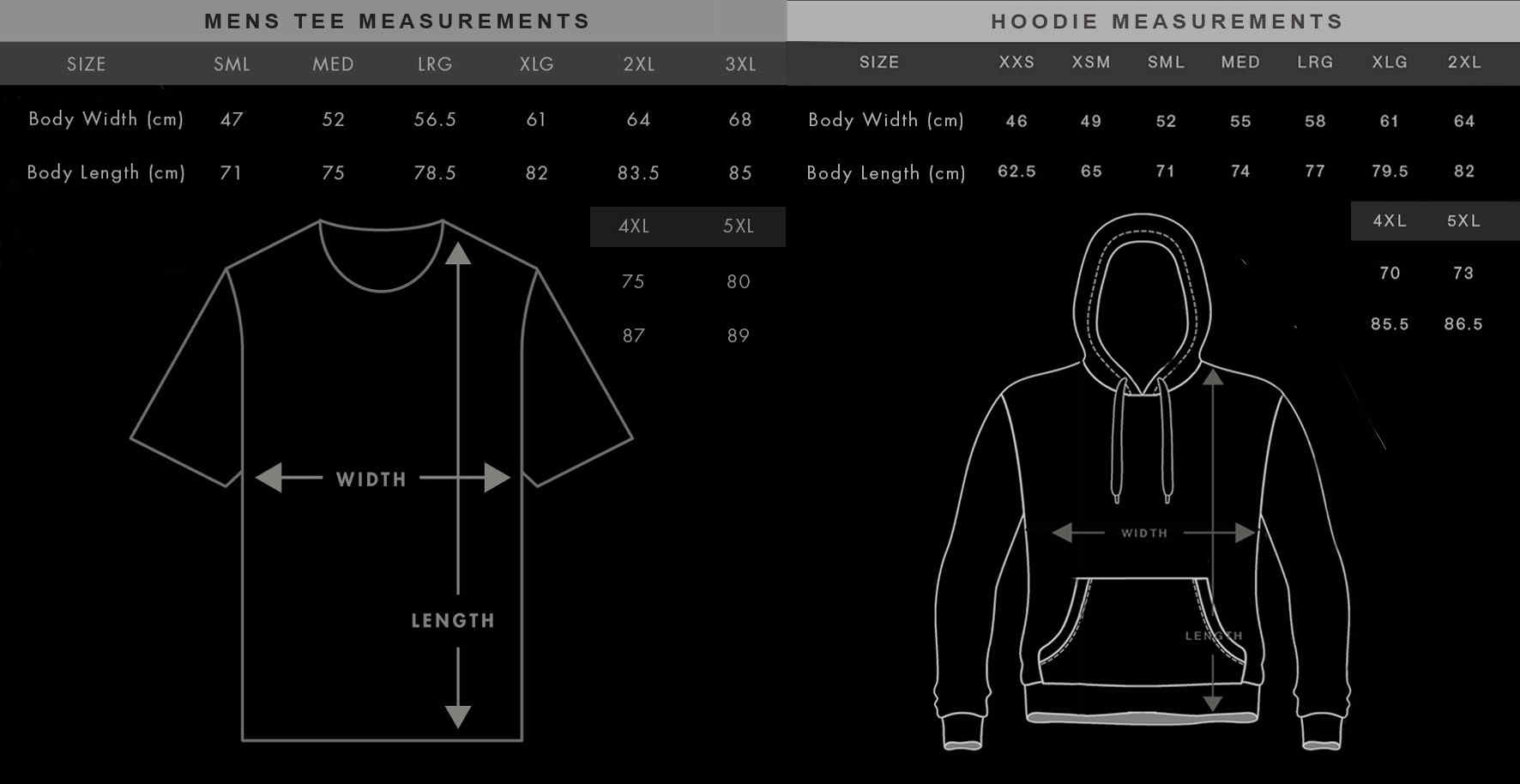 TShirt & Hoodie Size Chart